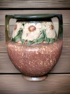 Vintage Roseville Art Pottery 8" Double Handled Dahlrose Vase